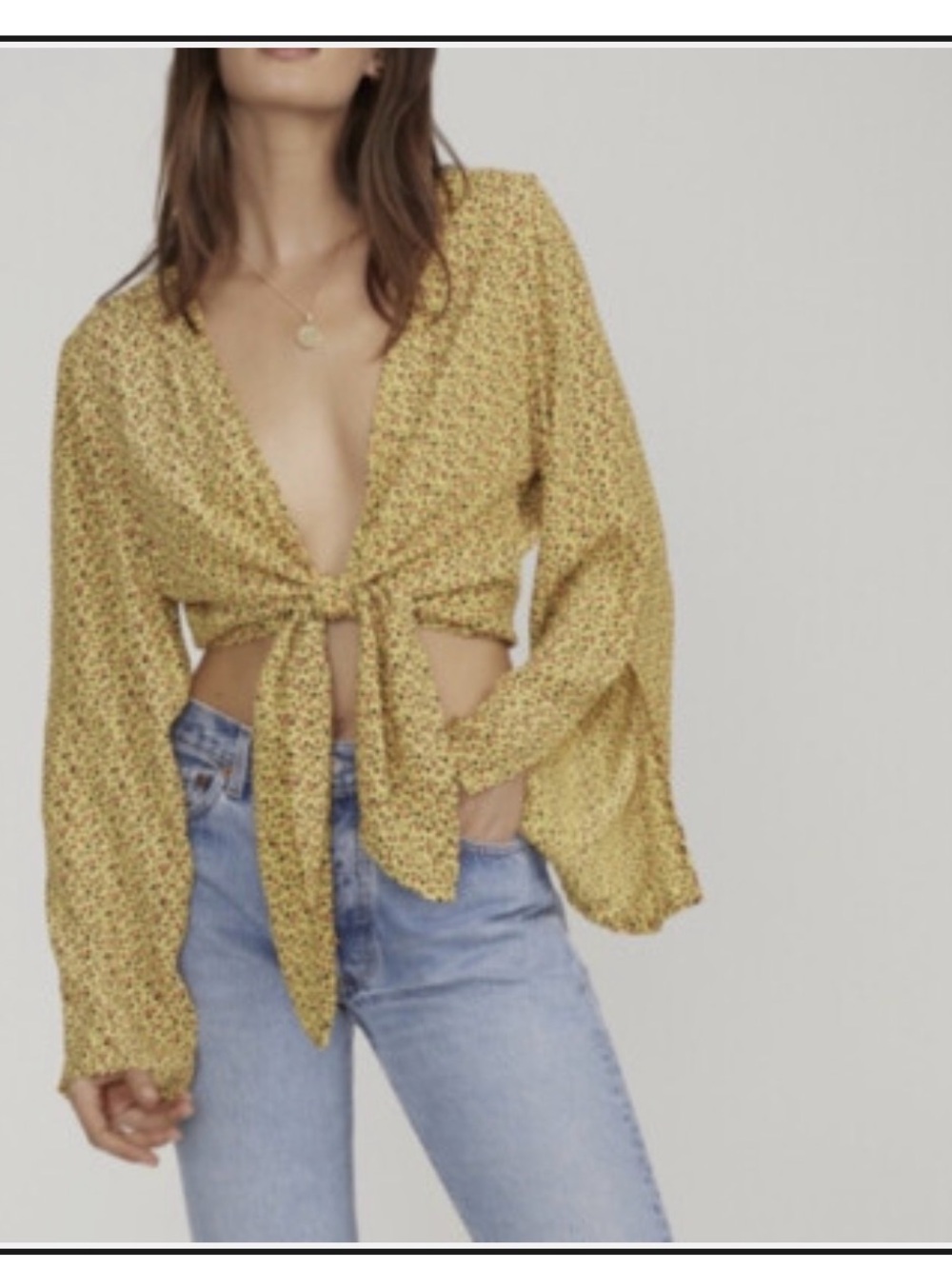Faithfull the Brand Yellow Floral Tie-Front Blouse with Red and Black Print